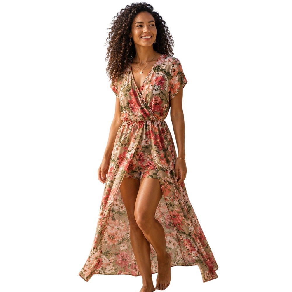 Miami Floral Maxi Romper Shorts with Skirt Overlay Pink Green Tan MEDIUM